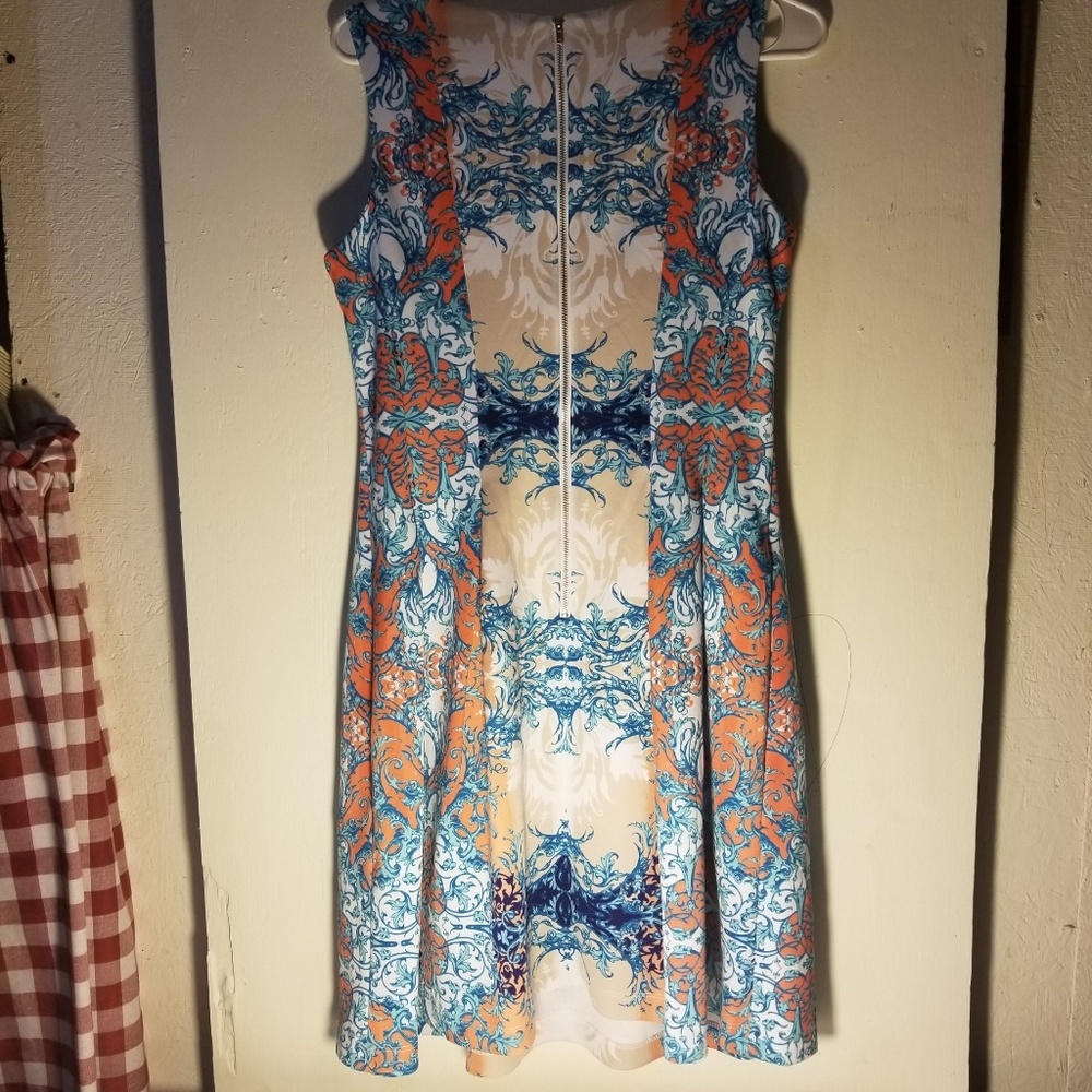 Scuba Fit And Flare Dress Orange White blue Taupe - Picture 7 of 8